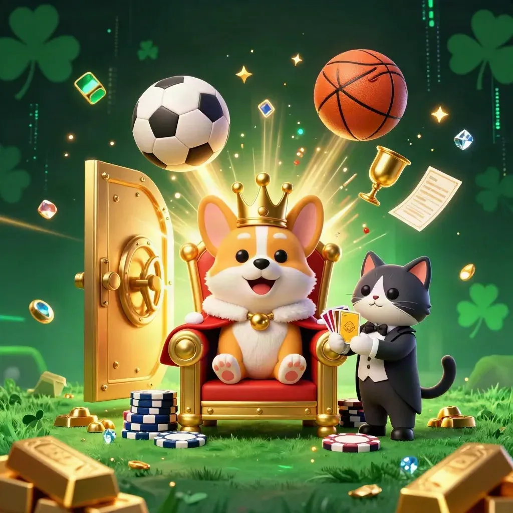Corgi king and cat butler amid gold vault, sports balls, and casino glow.