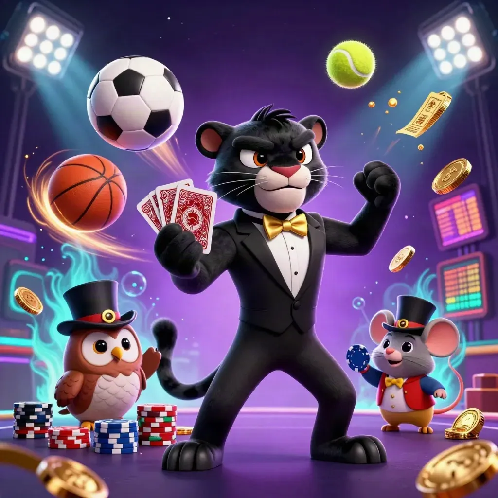 Panther, owl, and mouse amid flying balls, coins, trophy, and casino lights.
