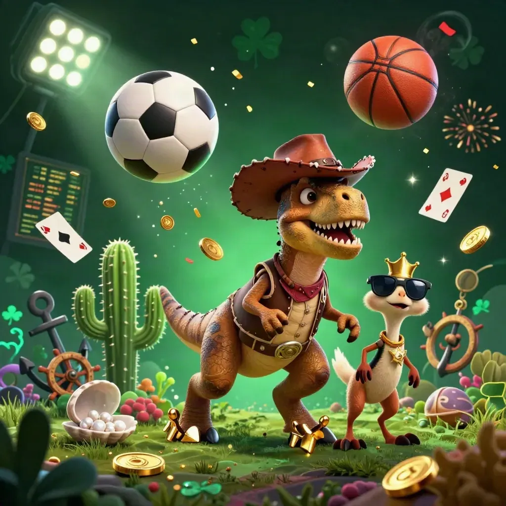 Cowboy T-Rex, cactus, and roadrunner amid casino treasure, balls, sparks, and emerald glow.