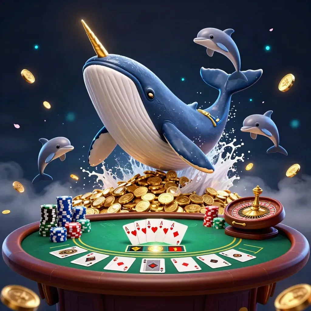 Whale captain, narwhal, and dolphins amid casino cards, chips, coins, and neon blue smoke.