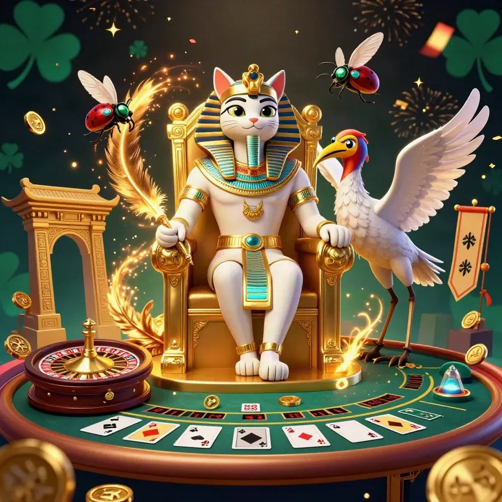 Pharaoh cat, ibis scribe, and gem-winged scarabs in a glowing casino fantasy room.
