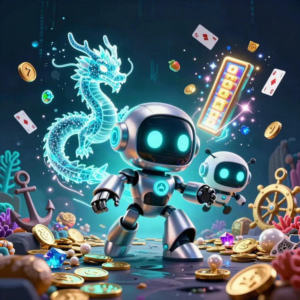 Cyberpunk robot, holographic dragon and coin drone erupting in an underwater treasure cove