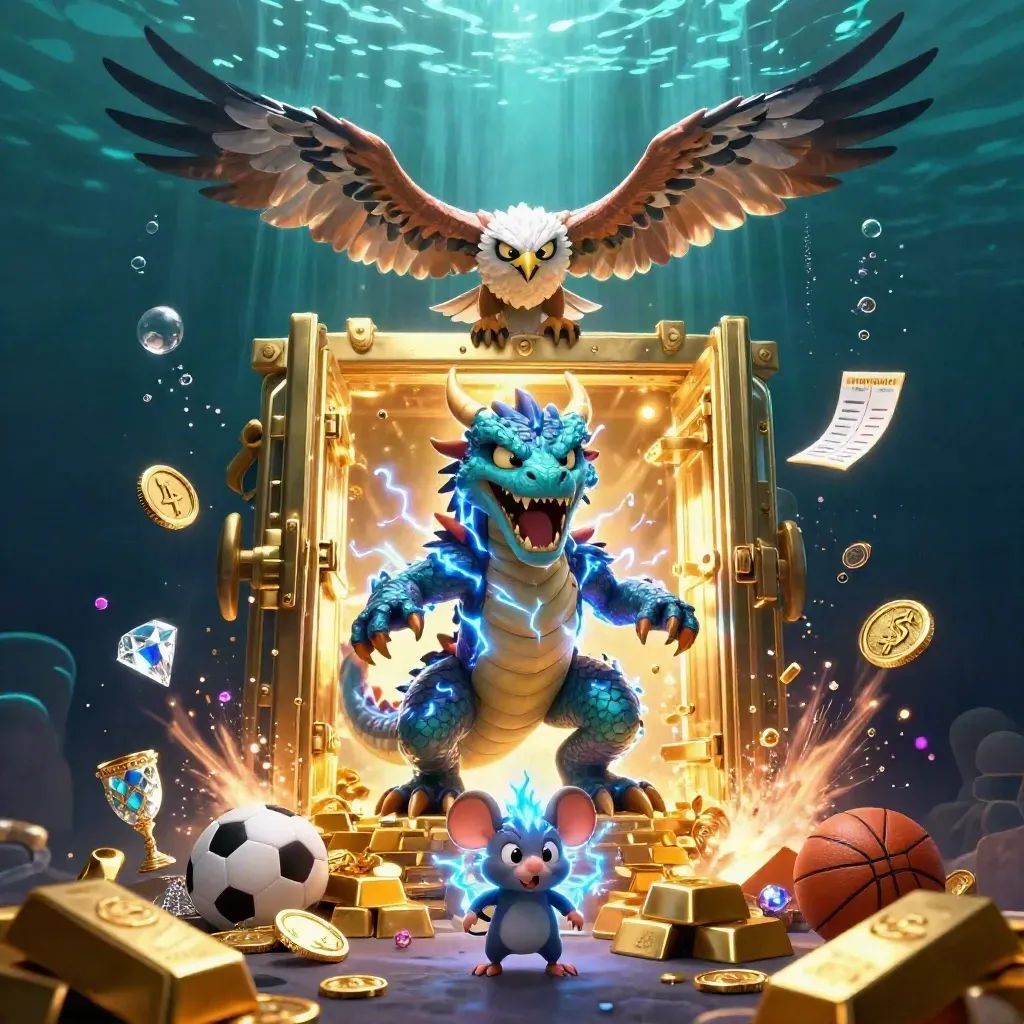 Thunder dragon, wind hawk and static mouse burst from a gold vault amid casino treasure glow.