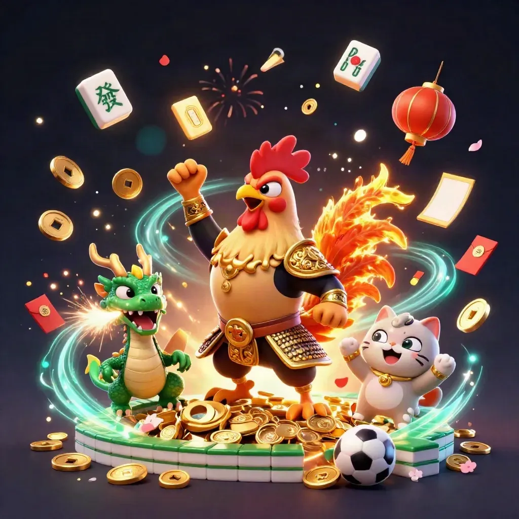 Rooster warrior, dragon hatchling and lucky cat amid exploding coins, fireworks and casino treasures.