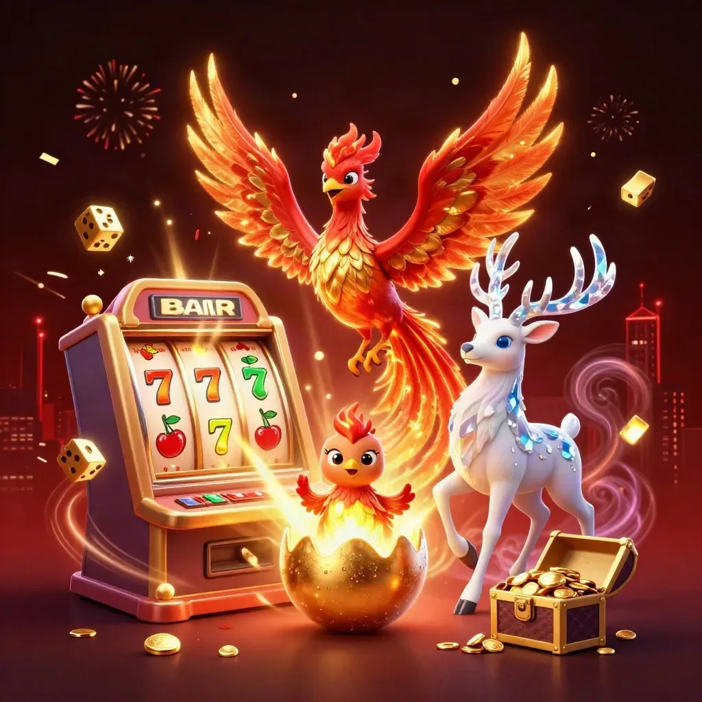 Fire phoenix, baby phoenix, and crystalline stag amid jackpot slot effects on a dark casino backdrop.